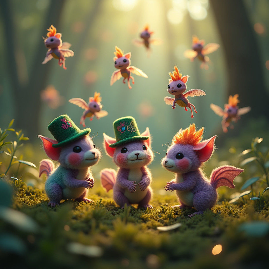 Mystical Tribbles Gaze Upon Iridescent Flying Dragons in Vib...