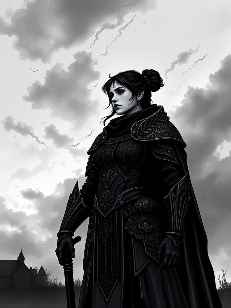 Fantasy Warrior in Gothic Armor Against Stormy Sky
