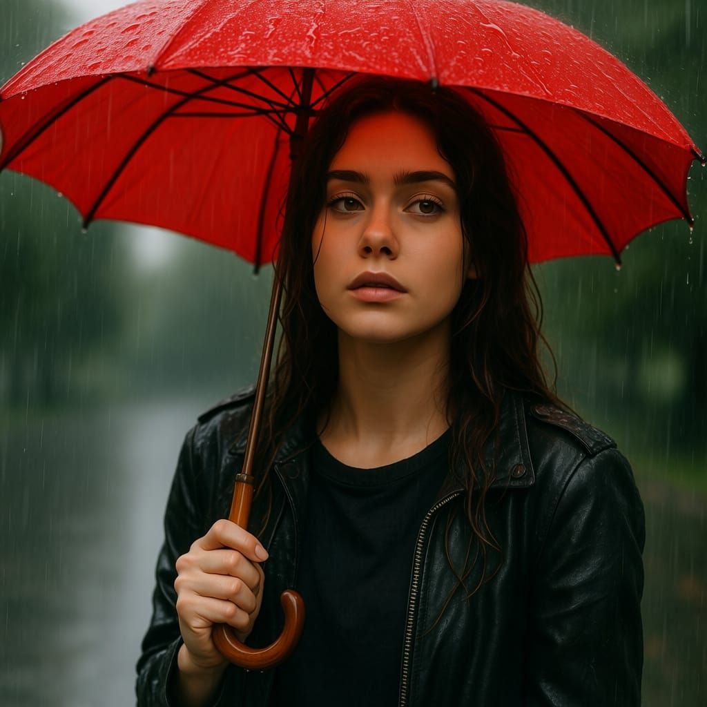 Woman Framed by Red Umbrella in Rainy Cityscape