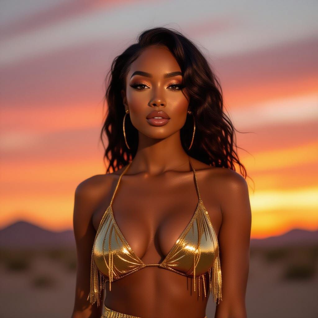 Beautiful Black Woman in Desert Sunset, R&B Artist Style