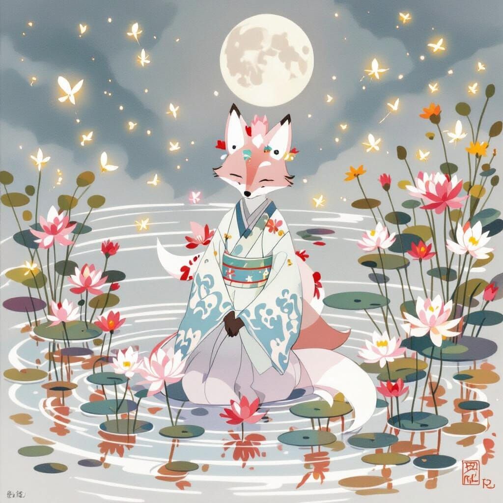 Fox Spirit on Lily Pad in Miyazaki Style