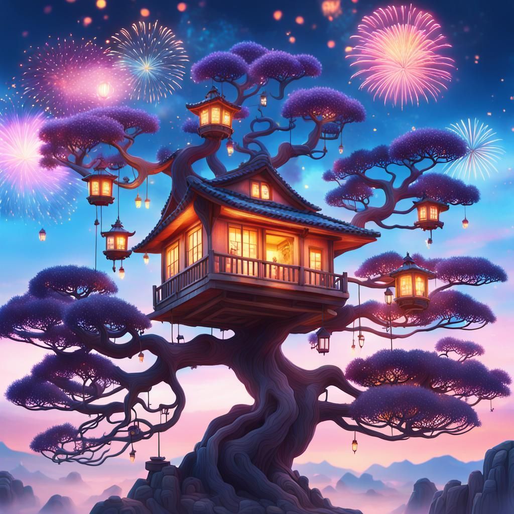 Bonsai Tree House Village in Digital Matte Painting Style