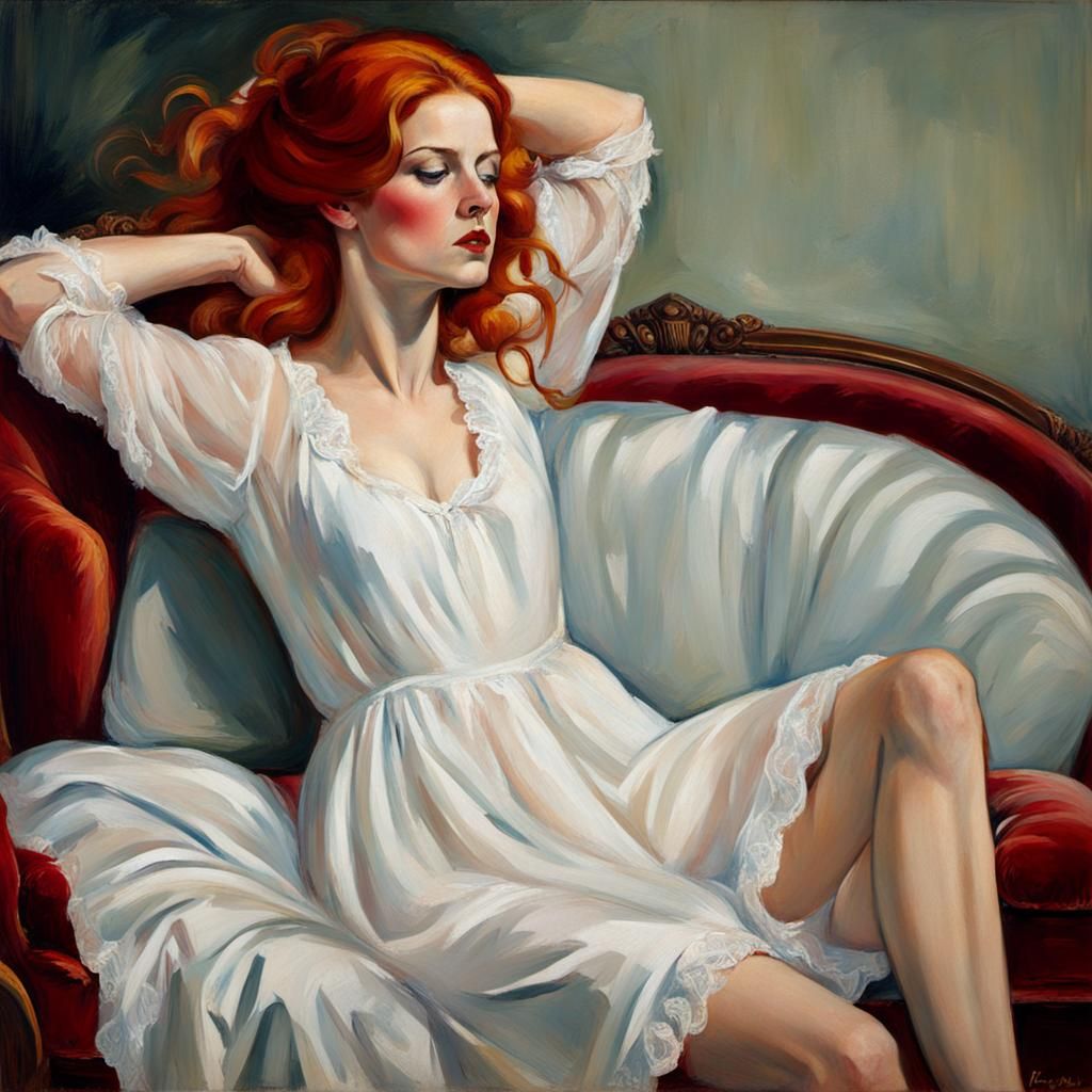 Expressionist Woman Cowering on Velvet Sofa