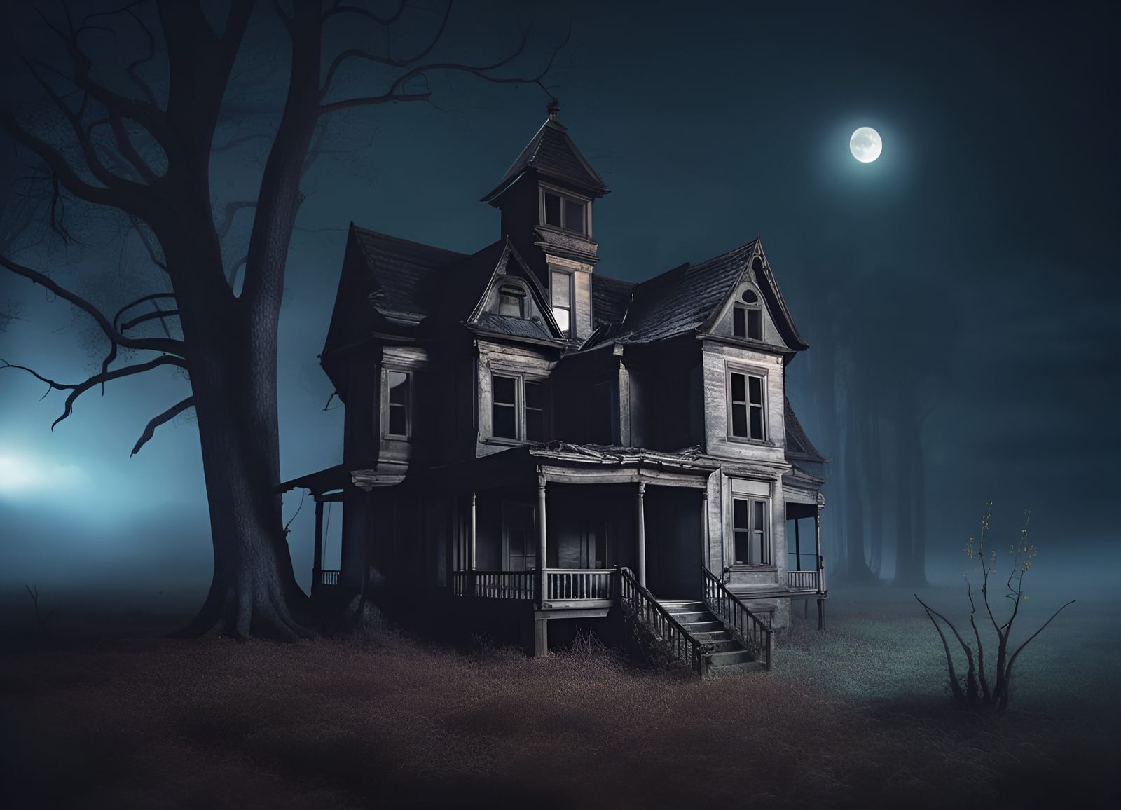 Mystic Haunted House in Forest at Night