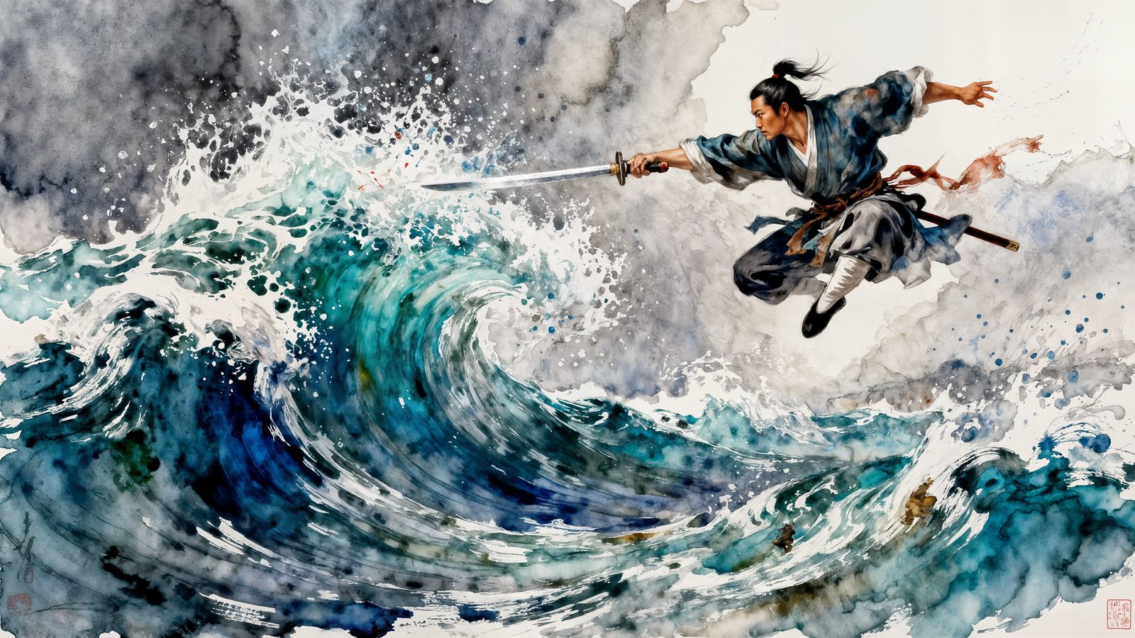 Chinese Swordsman Leaping Through Water in Watercolor Style