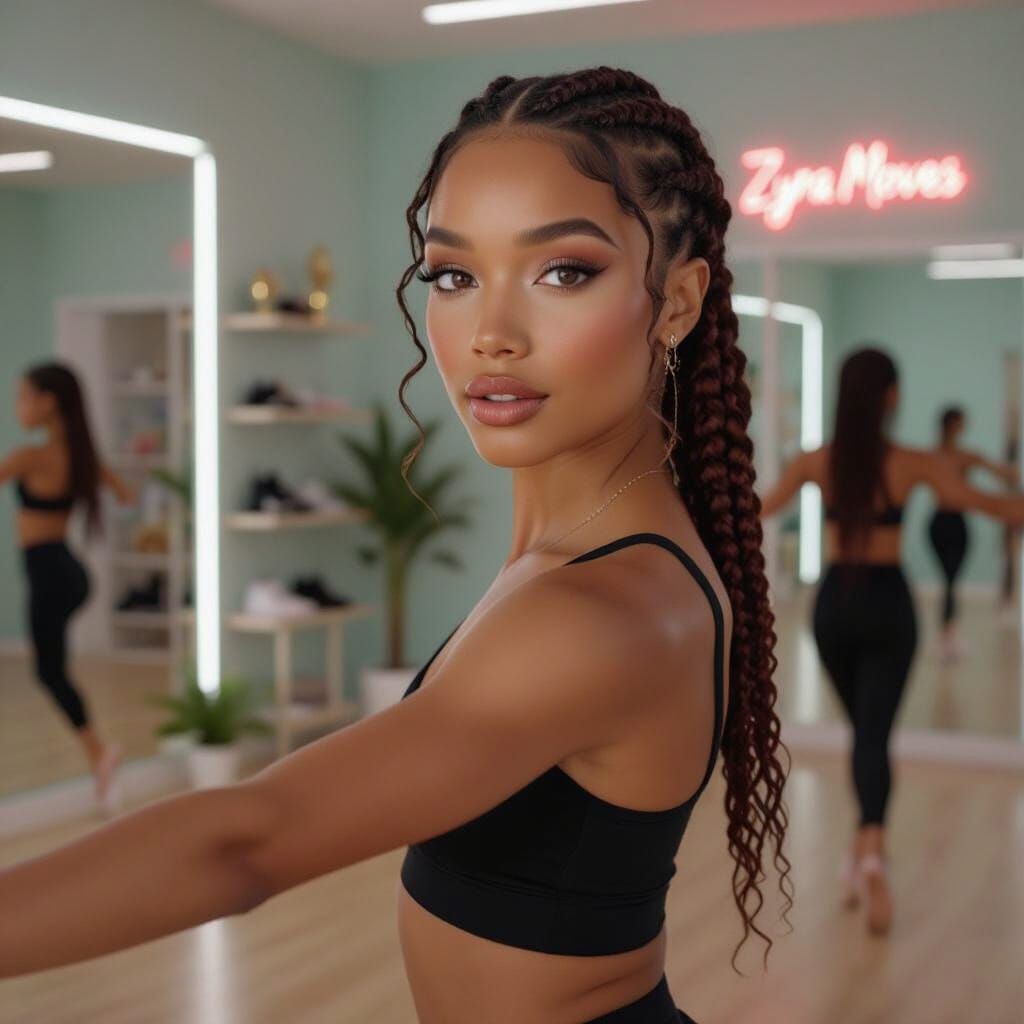 Photorealistic Dancer in Modern Studio with Neon Sign