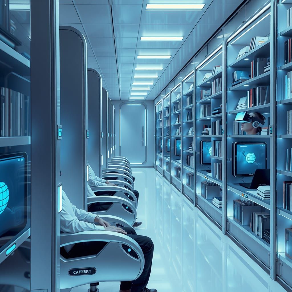 Futuristic Library Scene with VR Headsets and Holographic Bo...