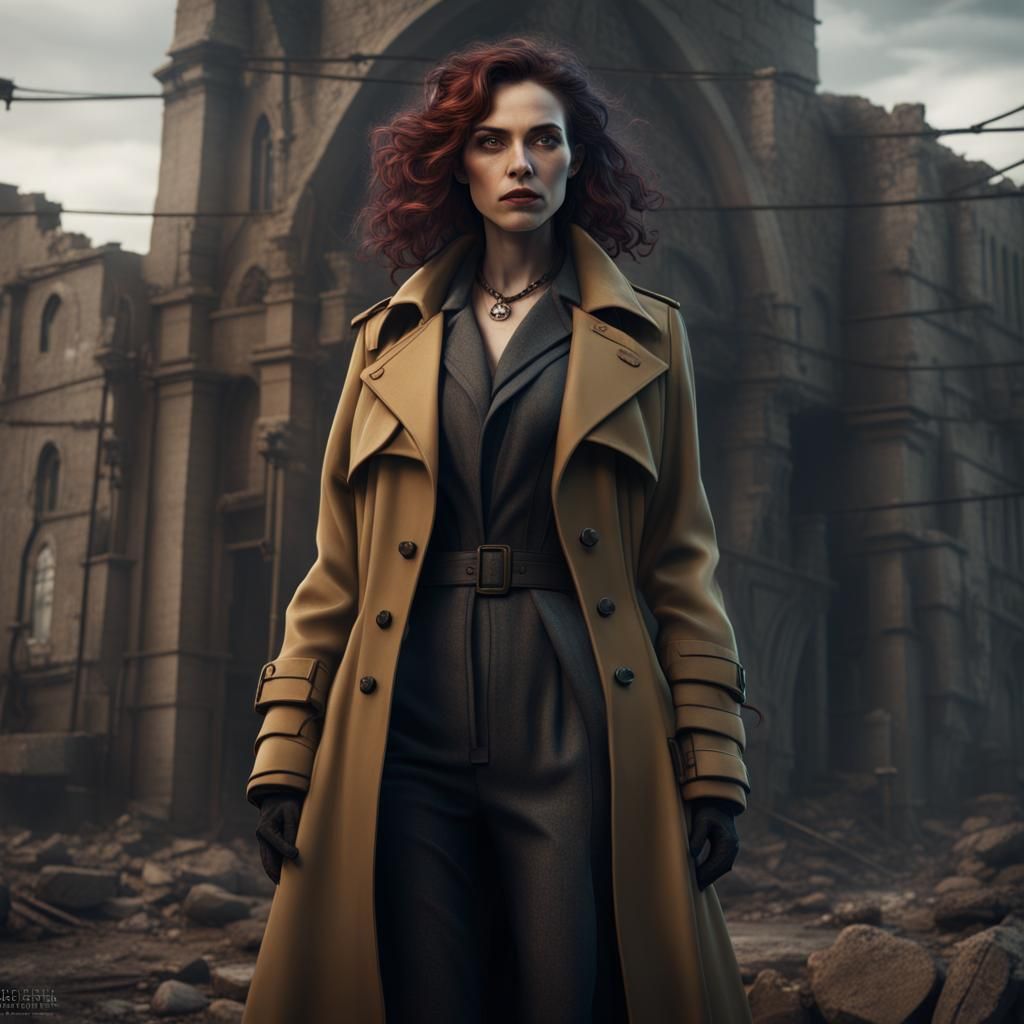 Gothic Woman in Trench Coat: Detailed Digital Art