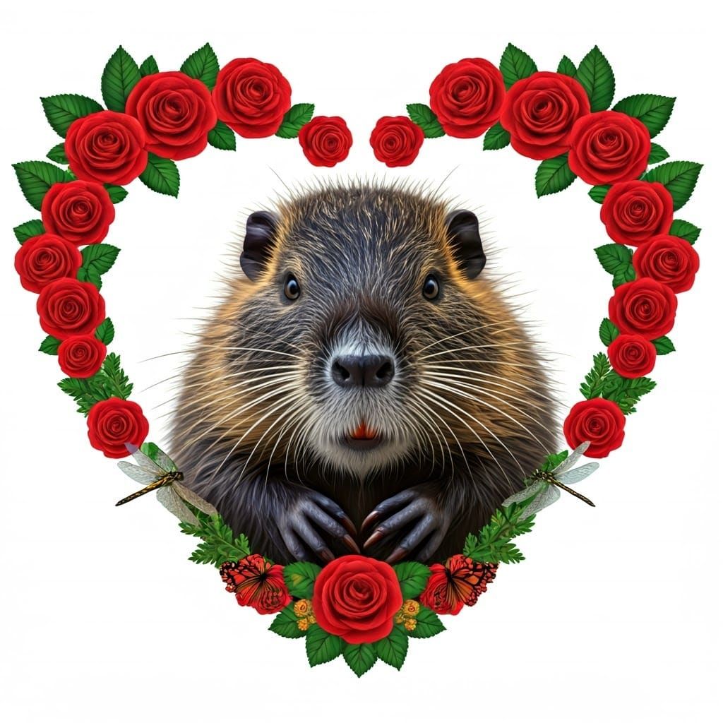 Baby Nutria in Floral Heart Frame