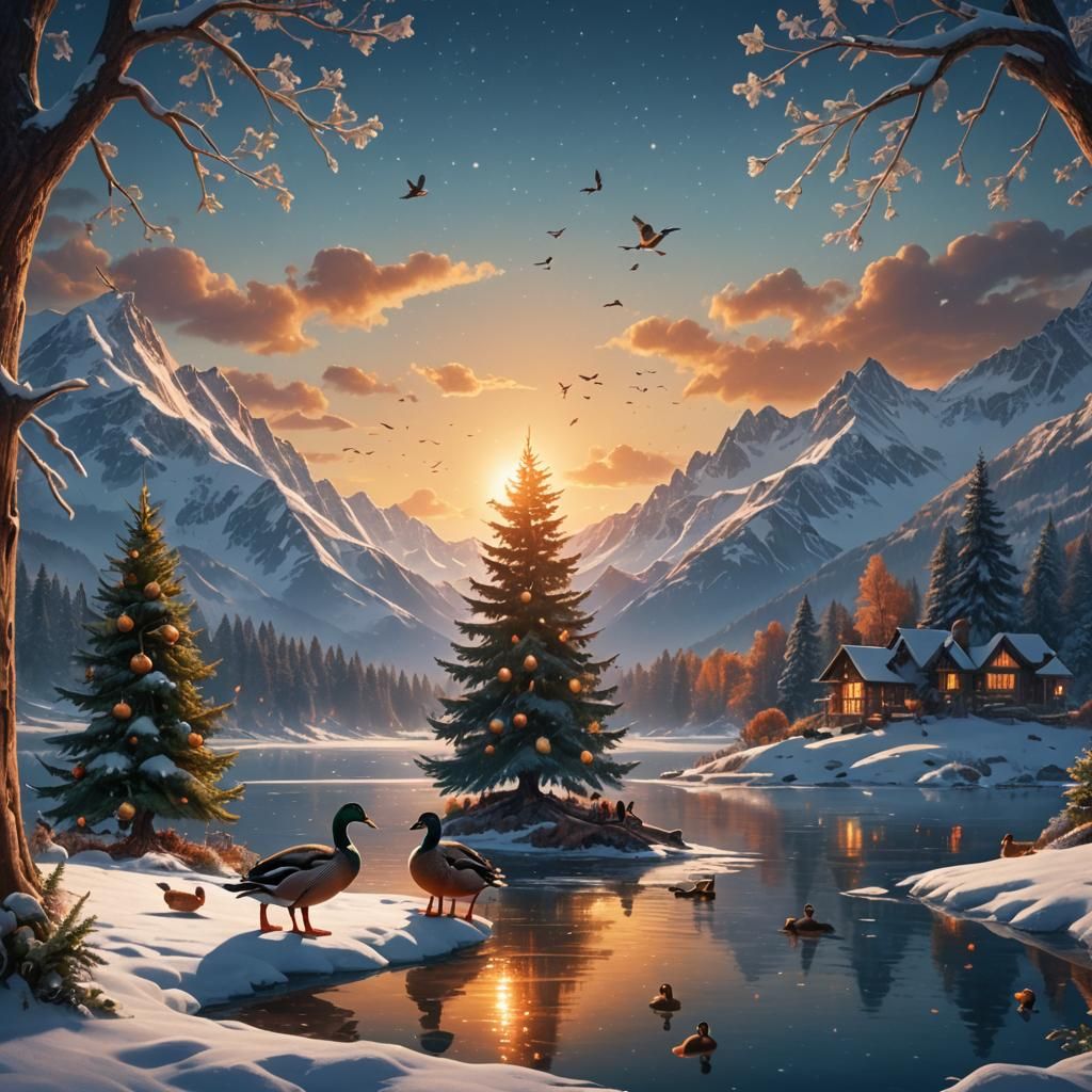 Duck Family Christmas Morning in Winter Wonderland