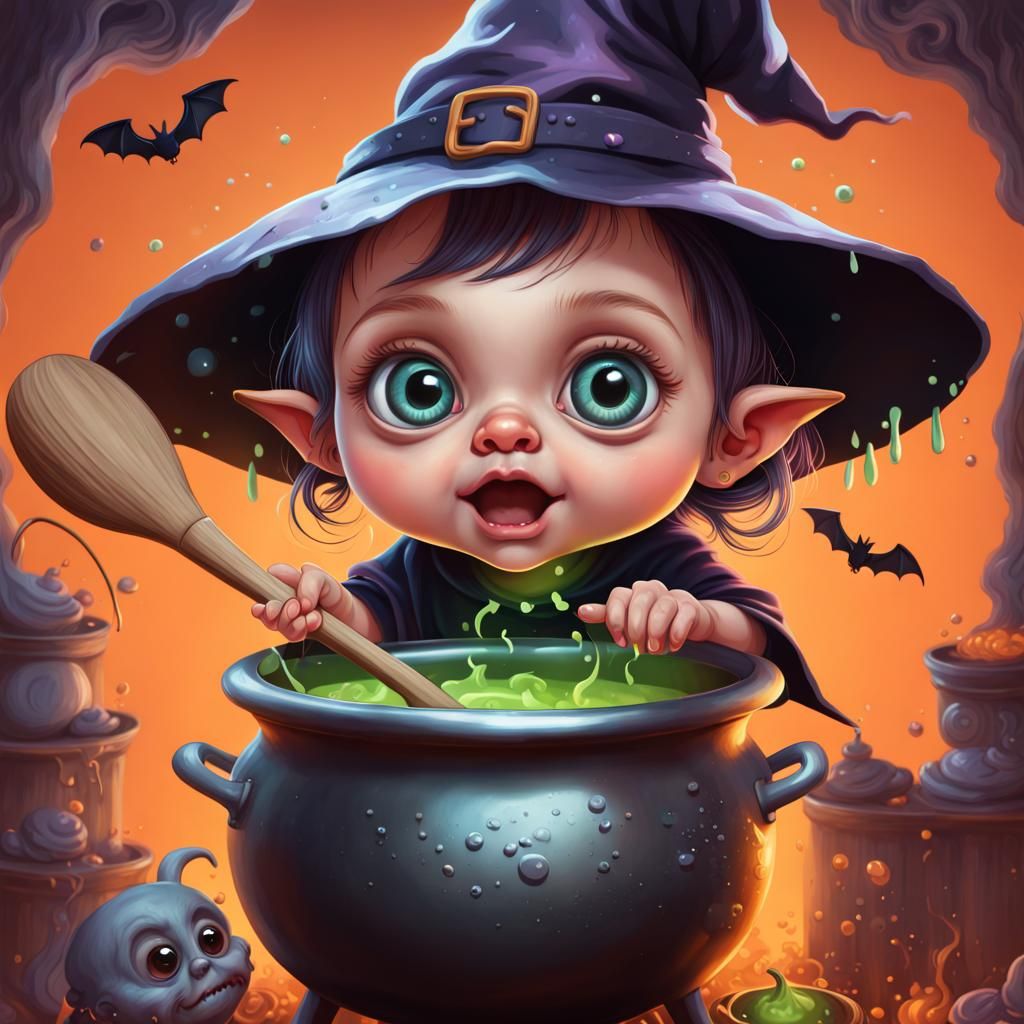 Adorable Baby Witch Stirring Cauldron with Bats