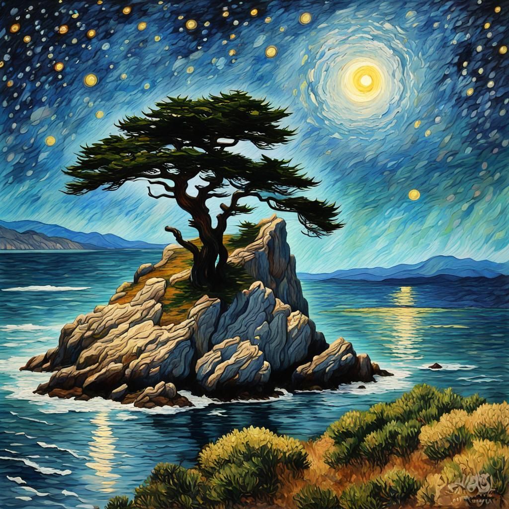 Lone Cypress Tree Under Starry Night Sky