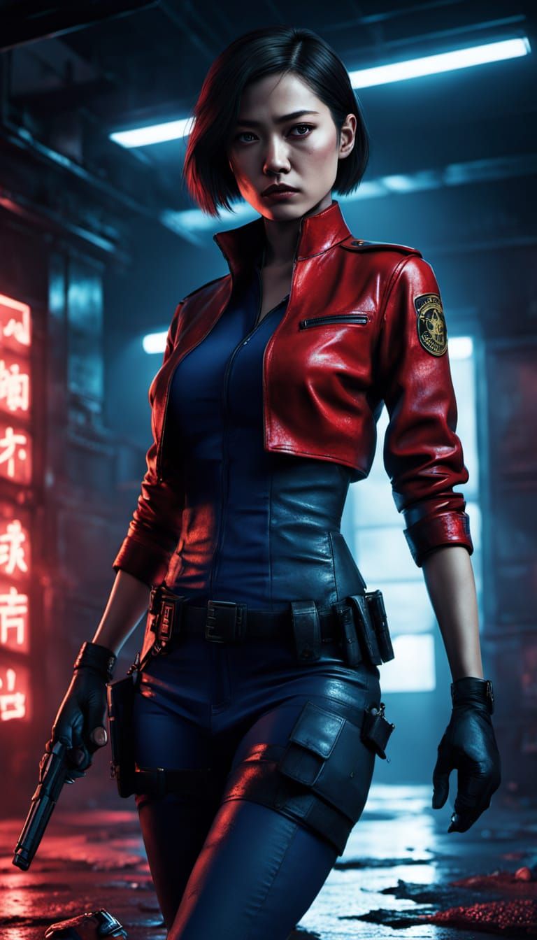 Intense Female Spy in Neon Noir Raccoon City