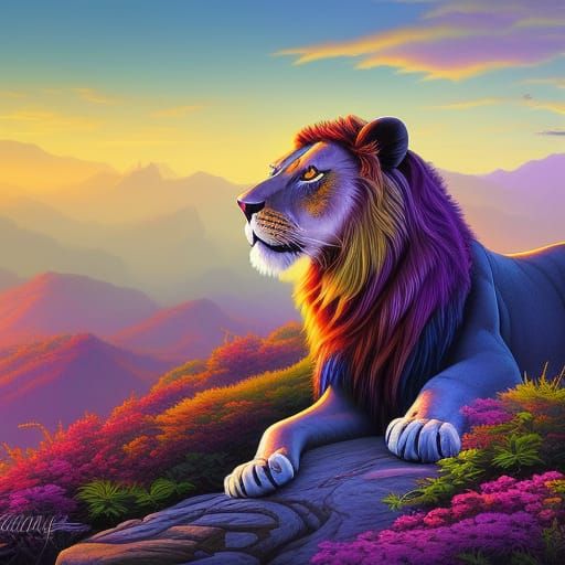 Colorful Lion Fantasy Art in Maximalist Style