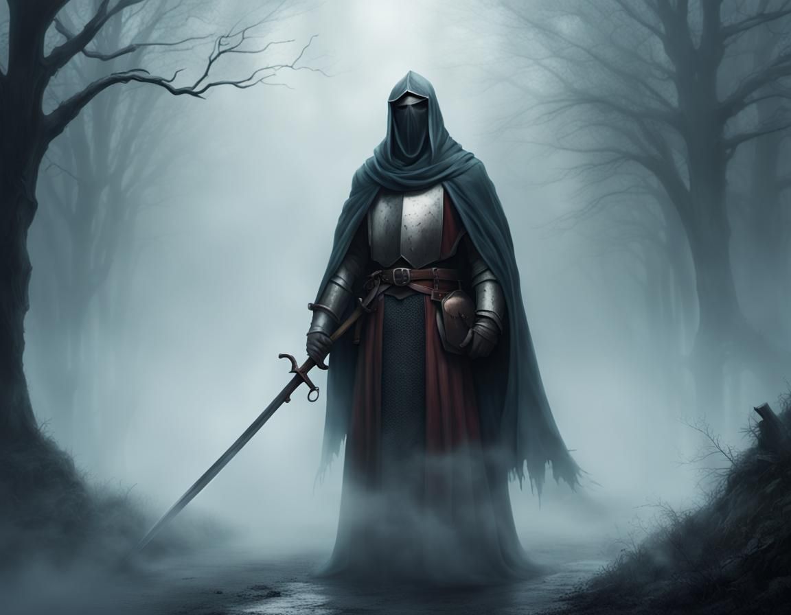 Eerie Medieval Guard in Ghostly Mist