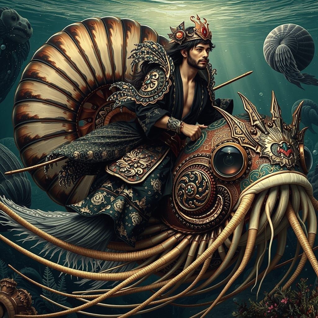 Mythical Samurai Mermaid Rides Majestic Nautilus in Pre-Raph...