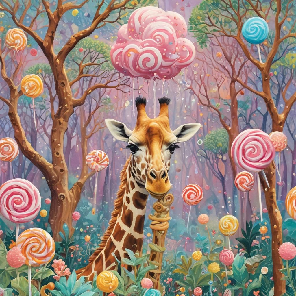 Giraffe with Monocle in Candyland Gouache Illustration