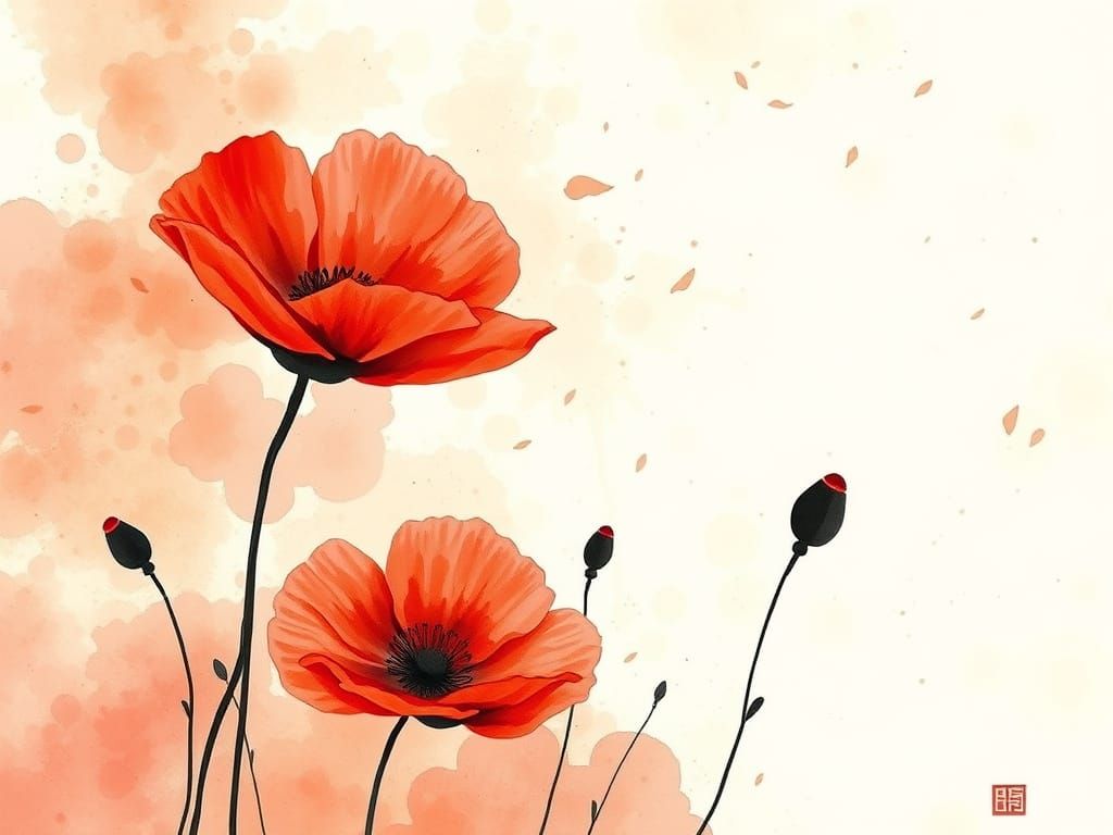 Red Poppies in Japanese Ink and Watercolor Style