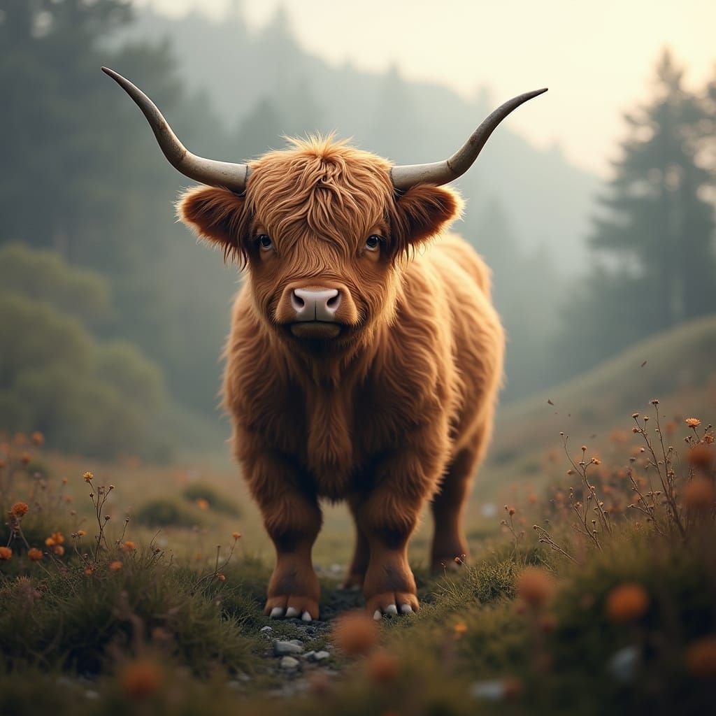 Whimsical Highland Cow in Dreamlike Landscape