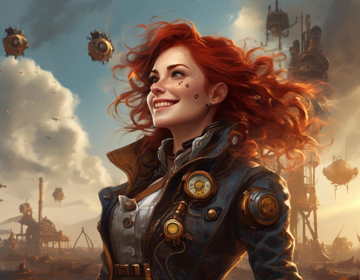 Steampunk Girl Smiling with Mechanical Arm