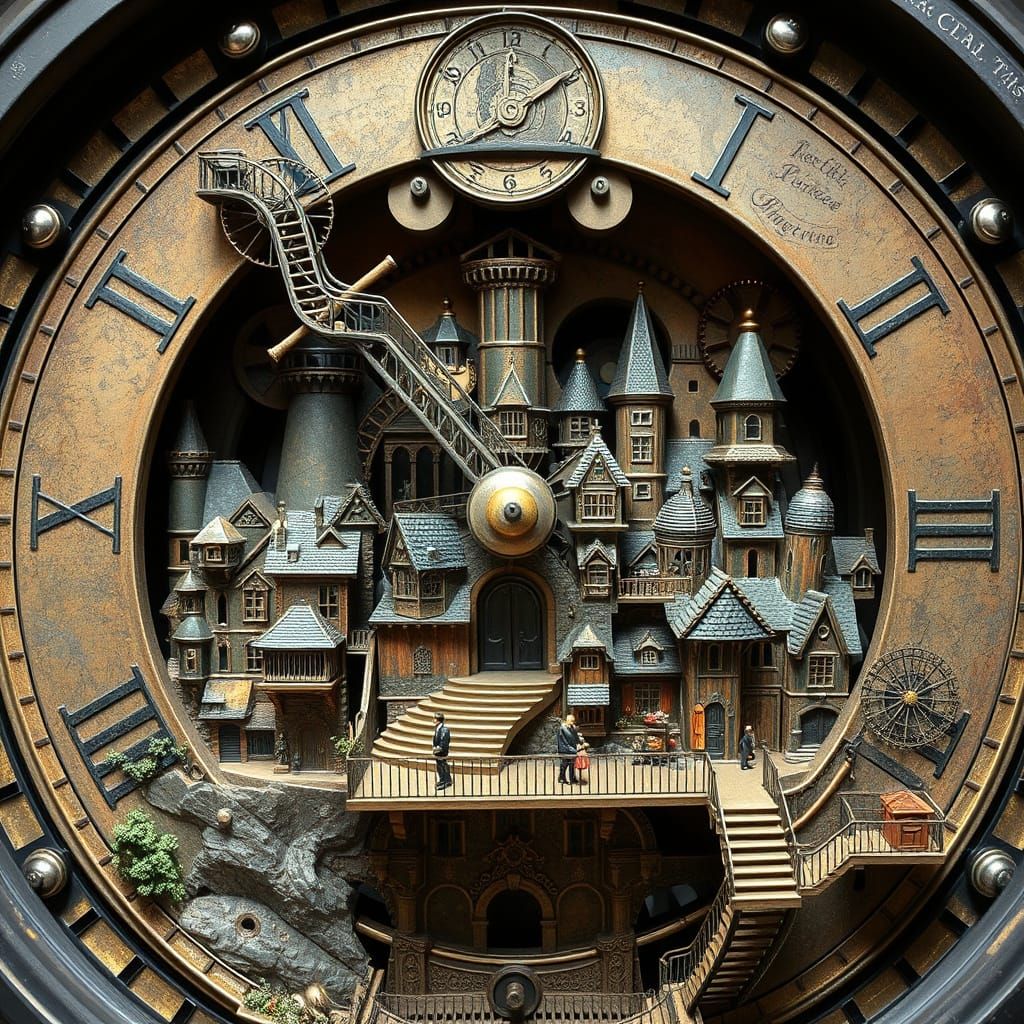 Miniature Steampunk City Inside an Antique Clock