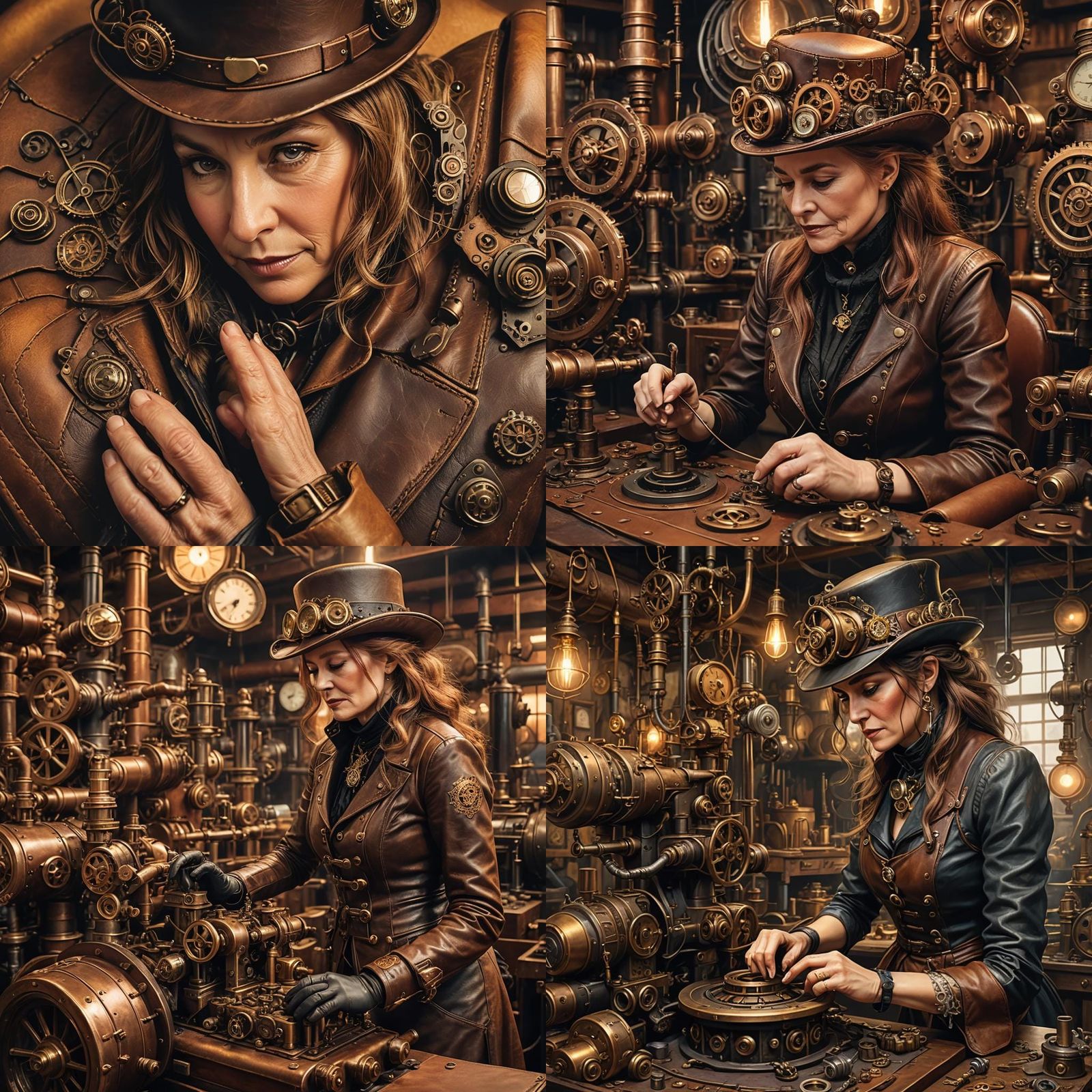 Leather Artisan Hand-Stitching Hats with Steampunk Engine