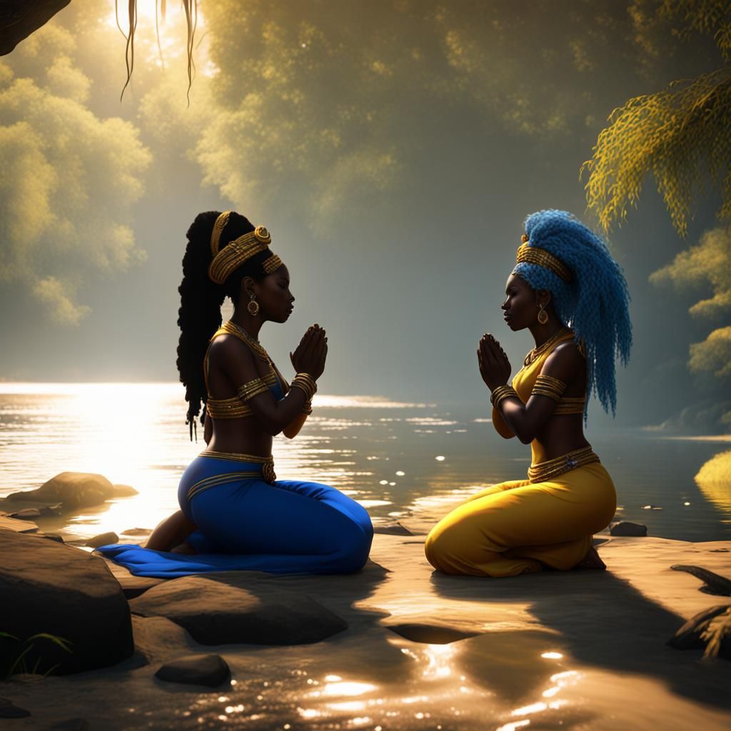 Oshun and Yemaya Praying: 3D Rendered Goddesses