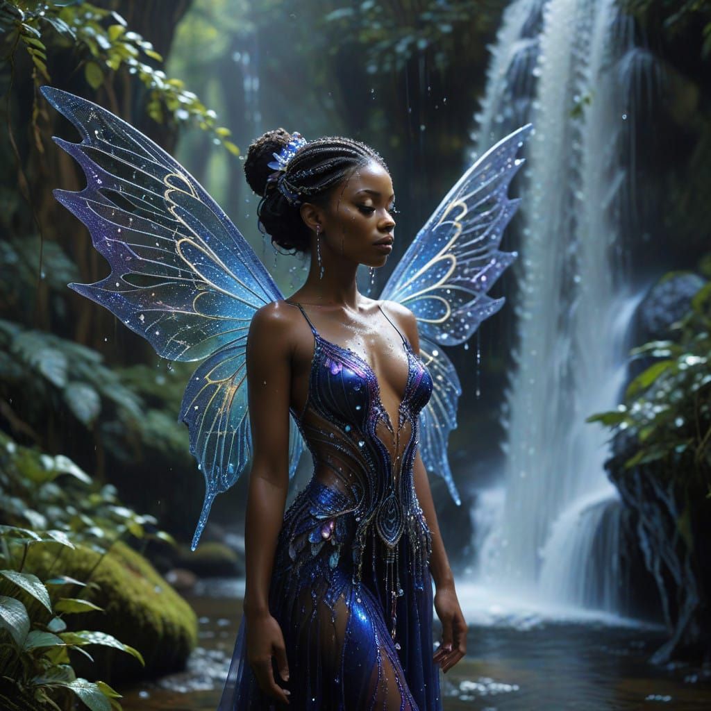 Enchanted Afro-American Fairy in Iridescent Wings, Bathed in...