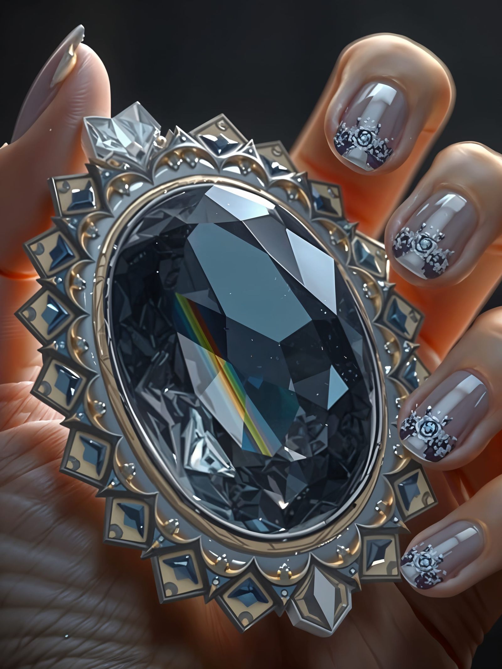 Elegant Lady Adorns Crystal Brooch with Artistic Nail Art