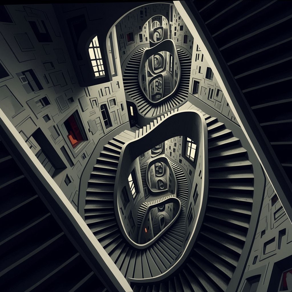 Infinite Staircase in Surreal Style with Geometric Patterns