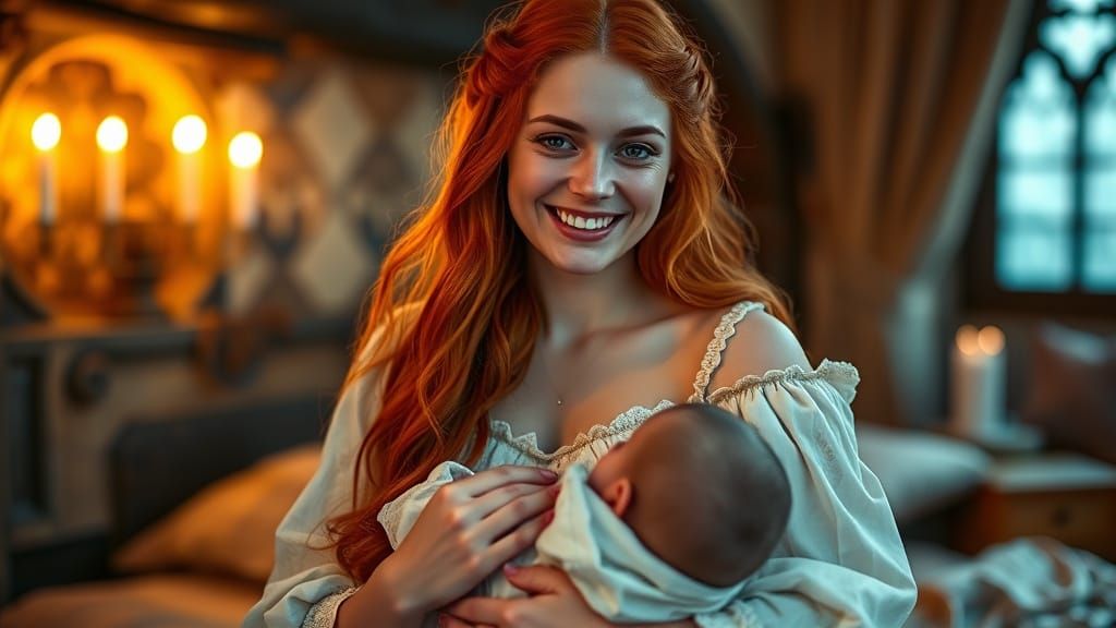 Medieval Queen in Nightgown with Baby, Softly Lit