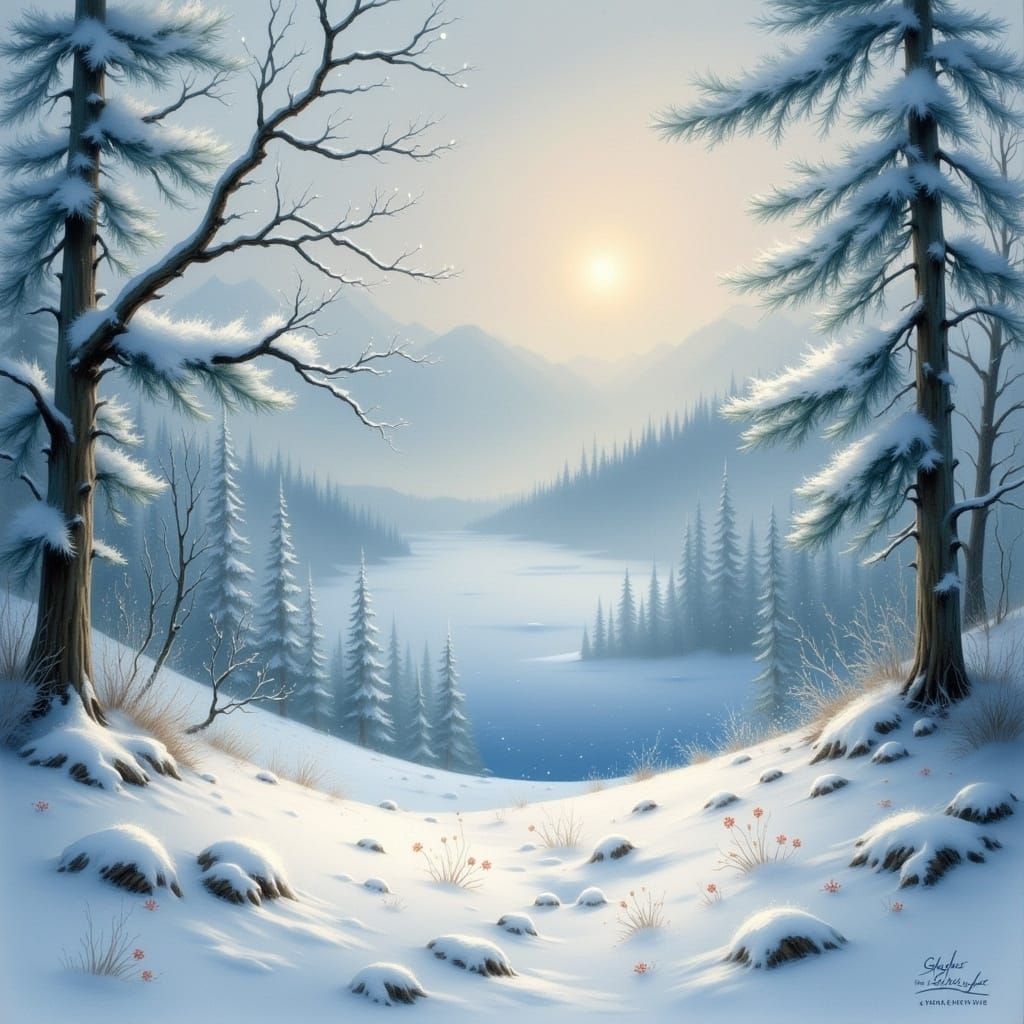 Winter Landscape with Snowflakes in Bierstadt Style