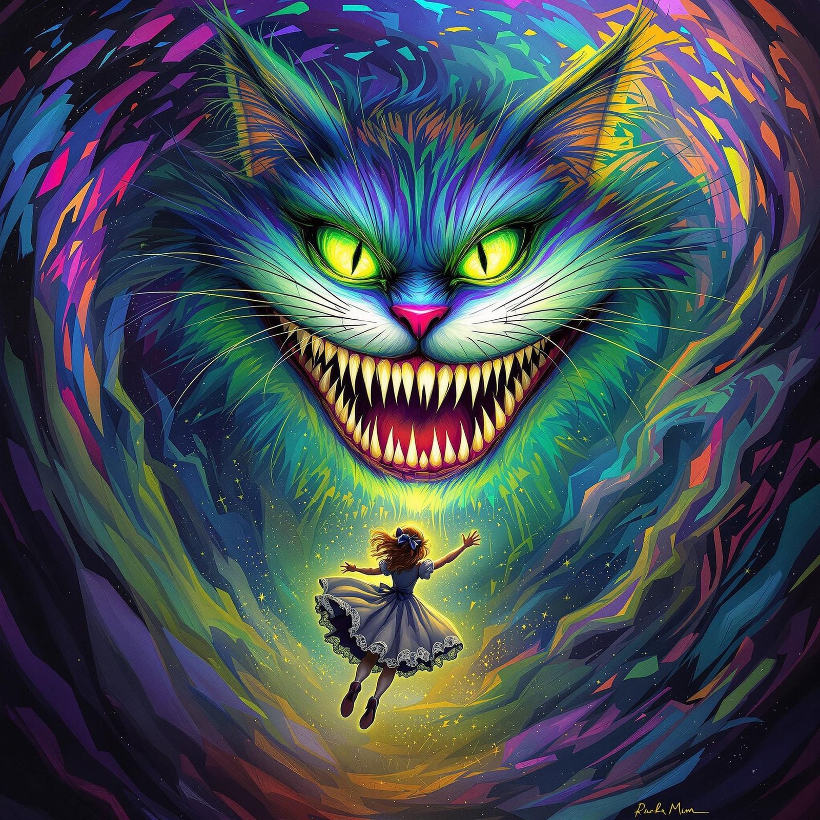 Whimsical Alice Plummets into Cheshire Cat's Neon Grin