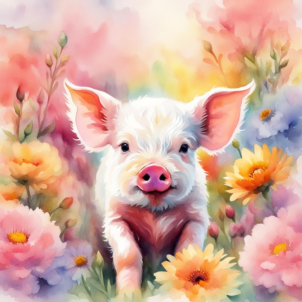 Watercolor Piglet Surrounded by Pastel Flowers