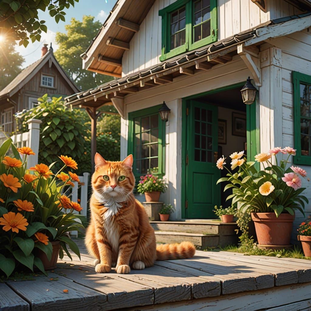 Ginger Cat on Cottage Porch: Fantasy Oil Painting