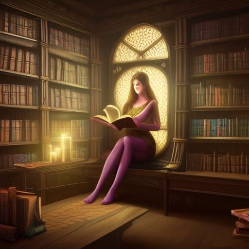 Woman Reading in Library: Detailed Fantasy Art