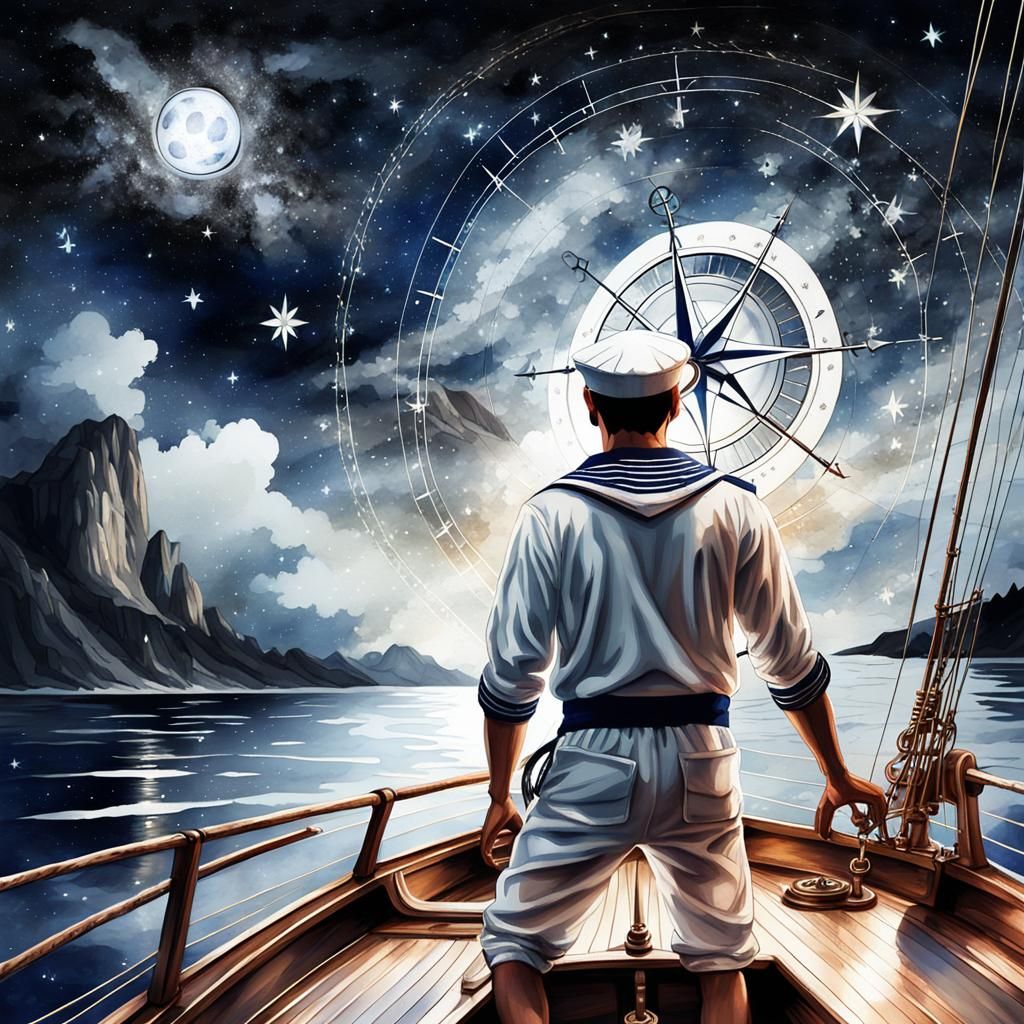 Sailor Observes Starry Compass in Baroque Style