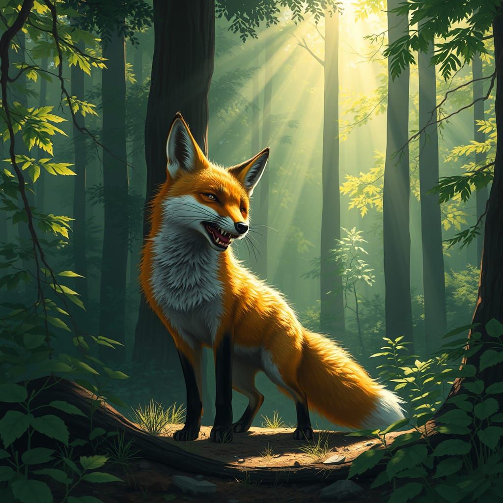 Fox Bites Tail in Forest with Sunlight, in Sci-Fi Style