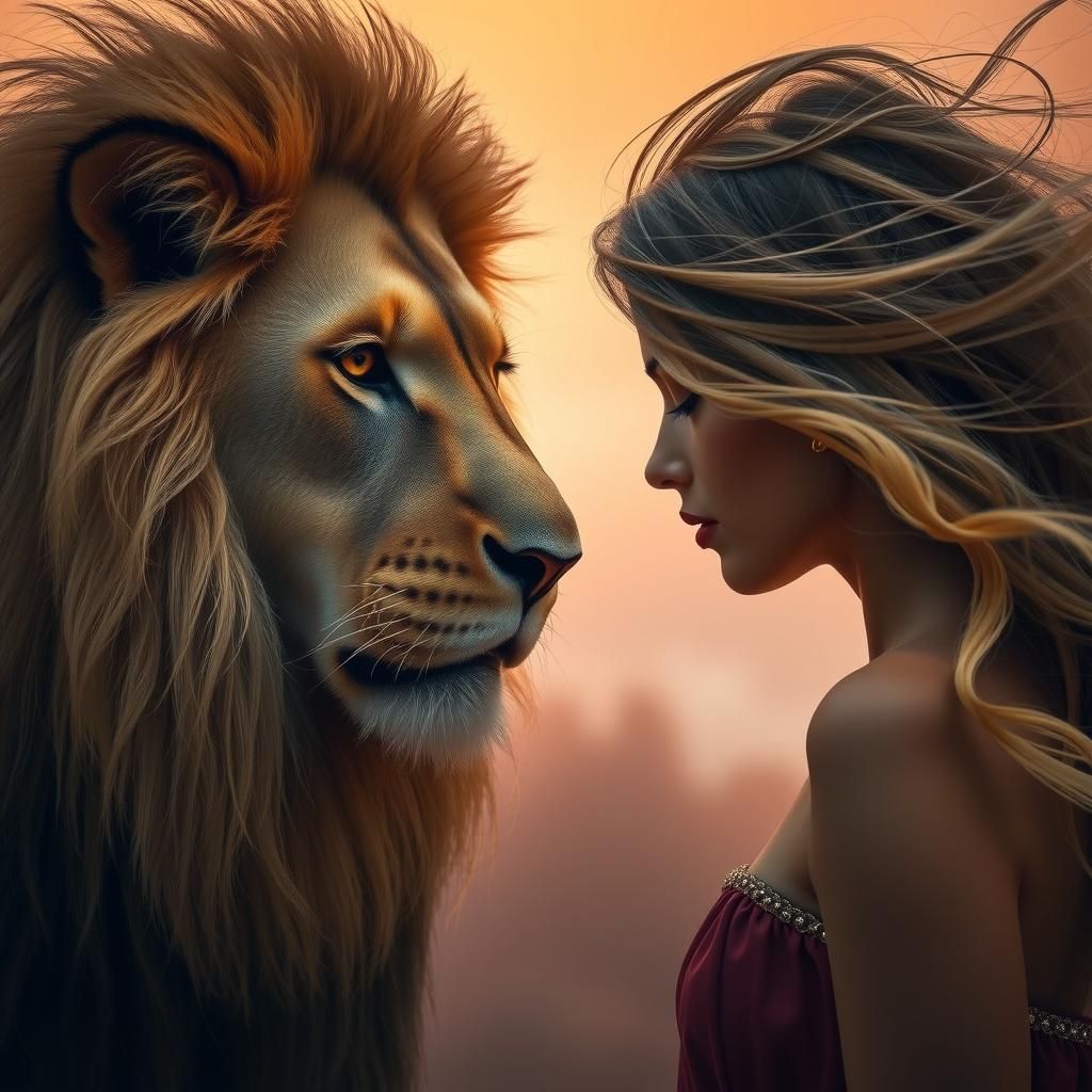 Lion and Woman in Golden Light