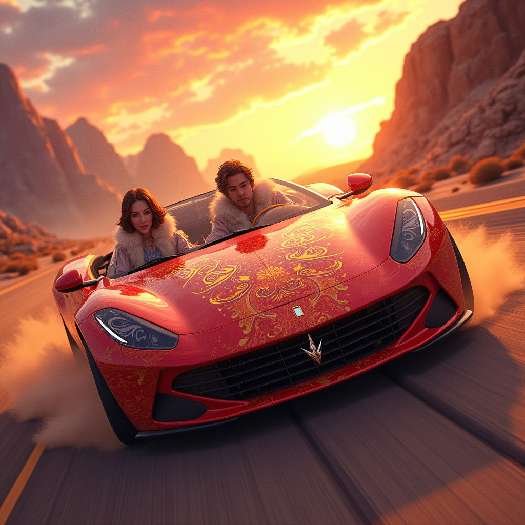 Red Sports Car at Sunset in Fantasy Landscape