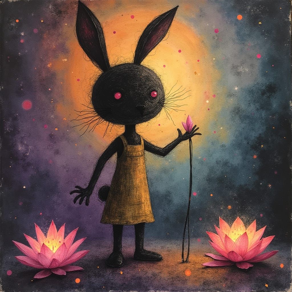 Chibi rabbit surreal child's drawing , Lotus Mind ,  rayograph Man Ray collection of random b&W objects, light reflectin...