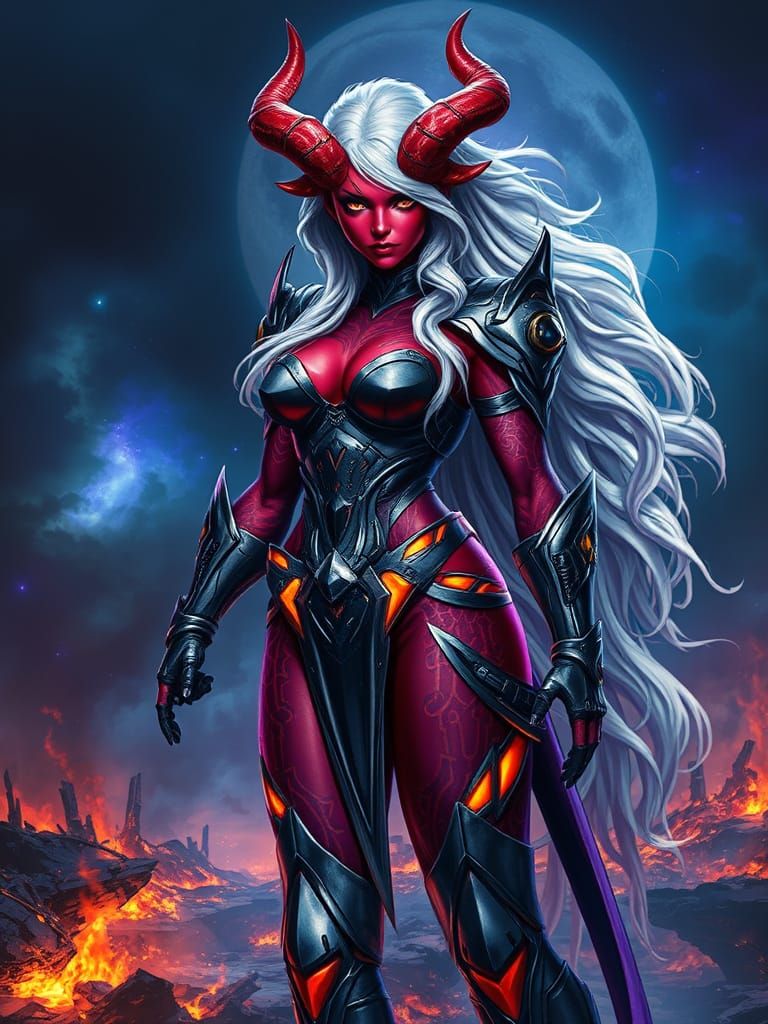 Cyberpunk Demon Warrior on Battlefield