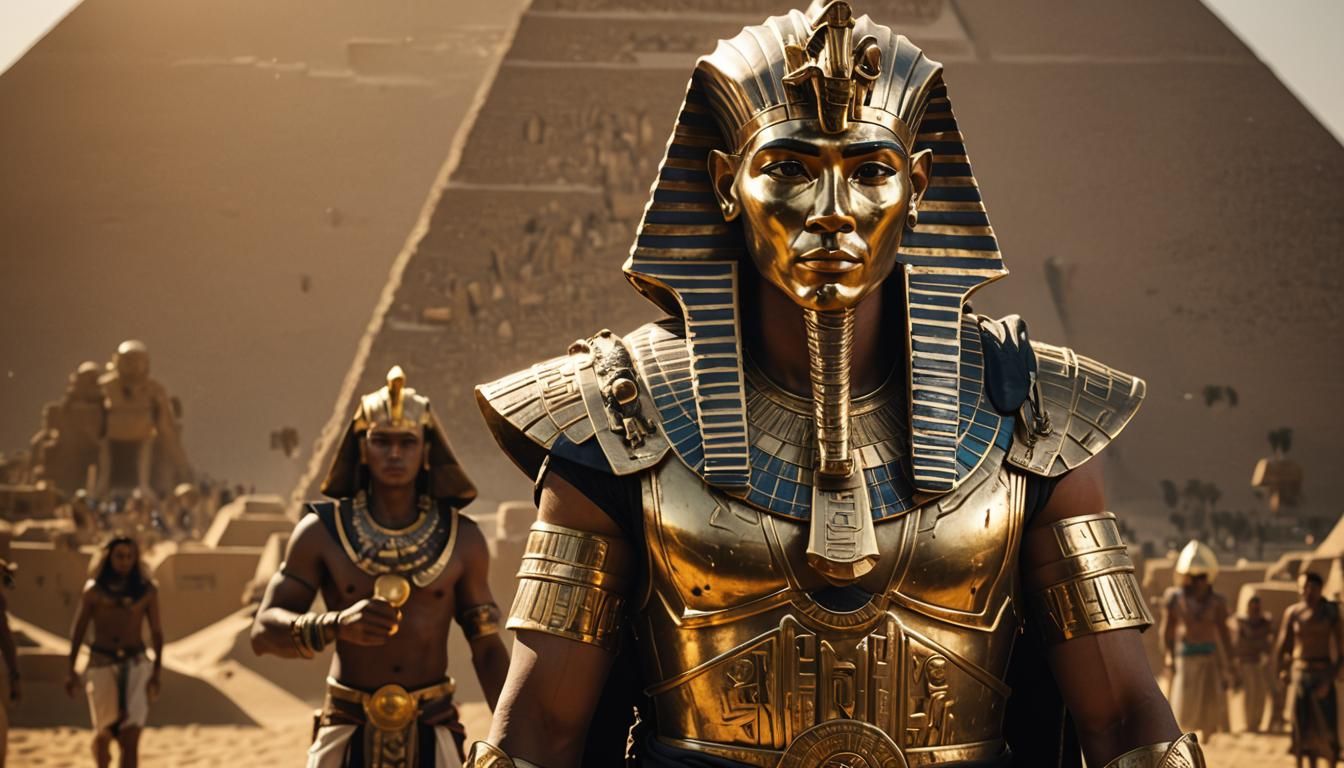 Egyptian Pharaoh with golden gadgets, pyramids in the backgr...