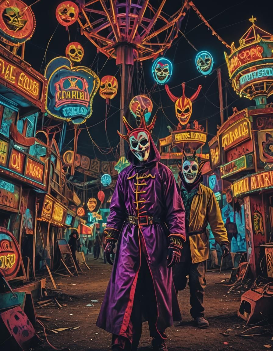 Neon Carnival of Terror: Cyberpunk Amusement Park