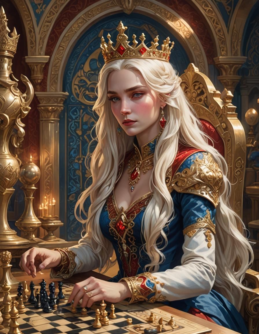 Fantasy Queen Playing Chess in Art Nouveau Vault