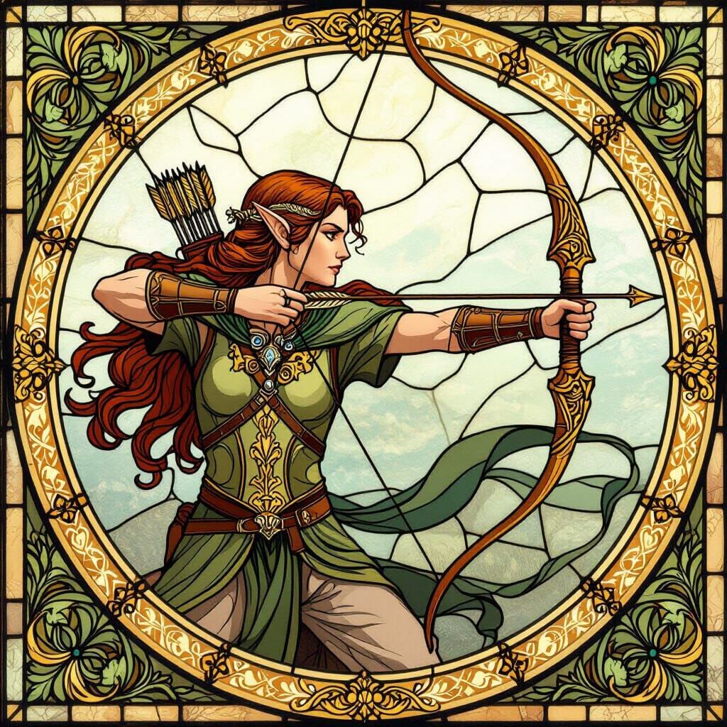 Elven Archer in Stained Glass Art Nouveau Style