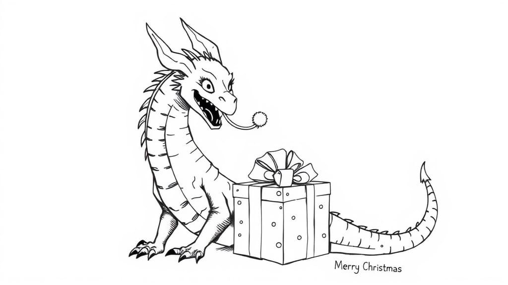Minimal Line Art Dragon Opens Christmas Gift