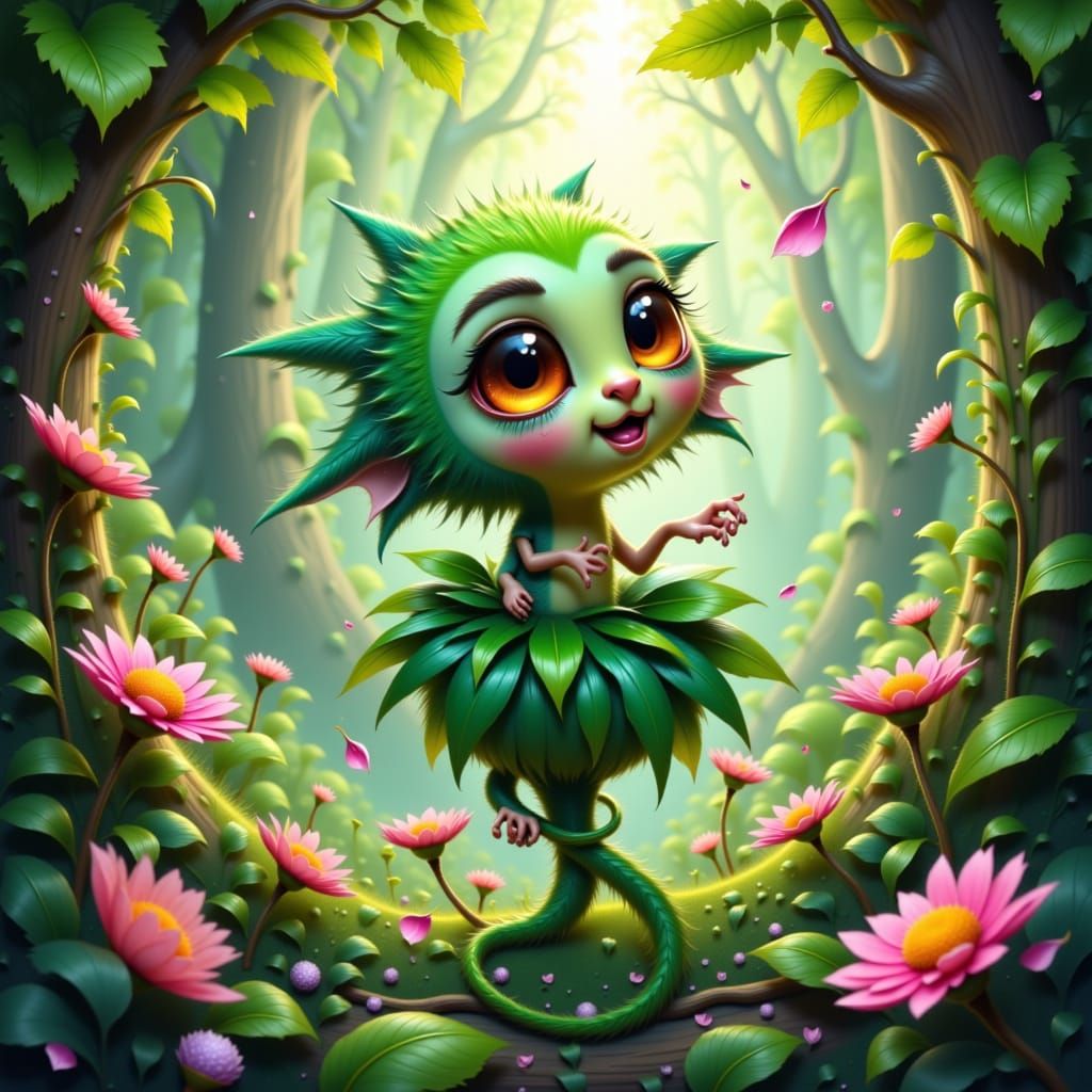 Whimsical Plant Elemental in Fantasy Forest, Impressionistic...