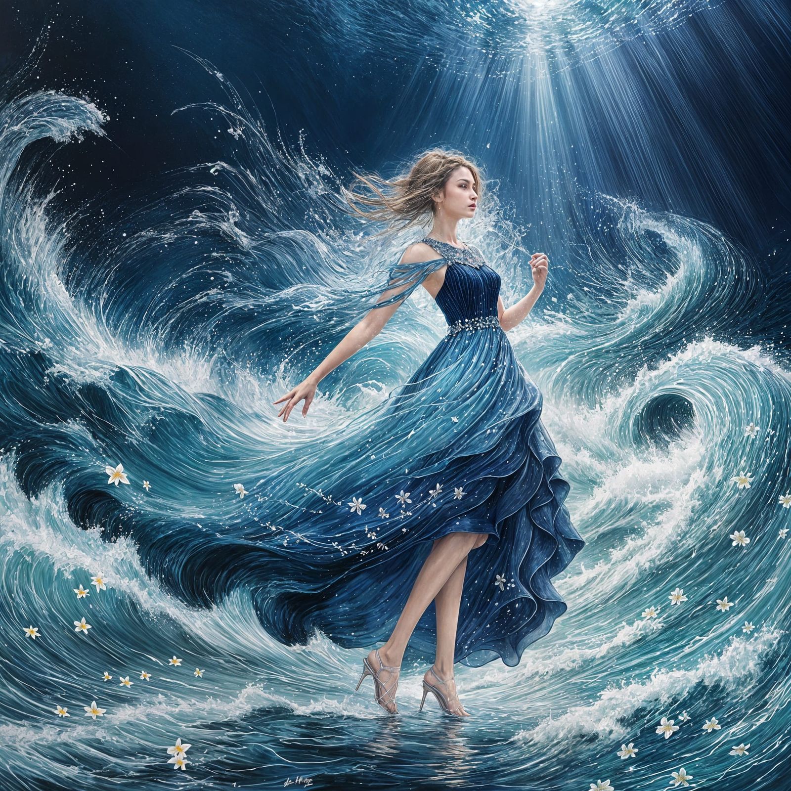 Woman Painting by Crystal Waves in Night Blue Dress