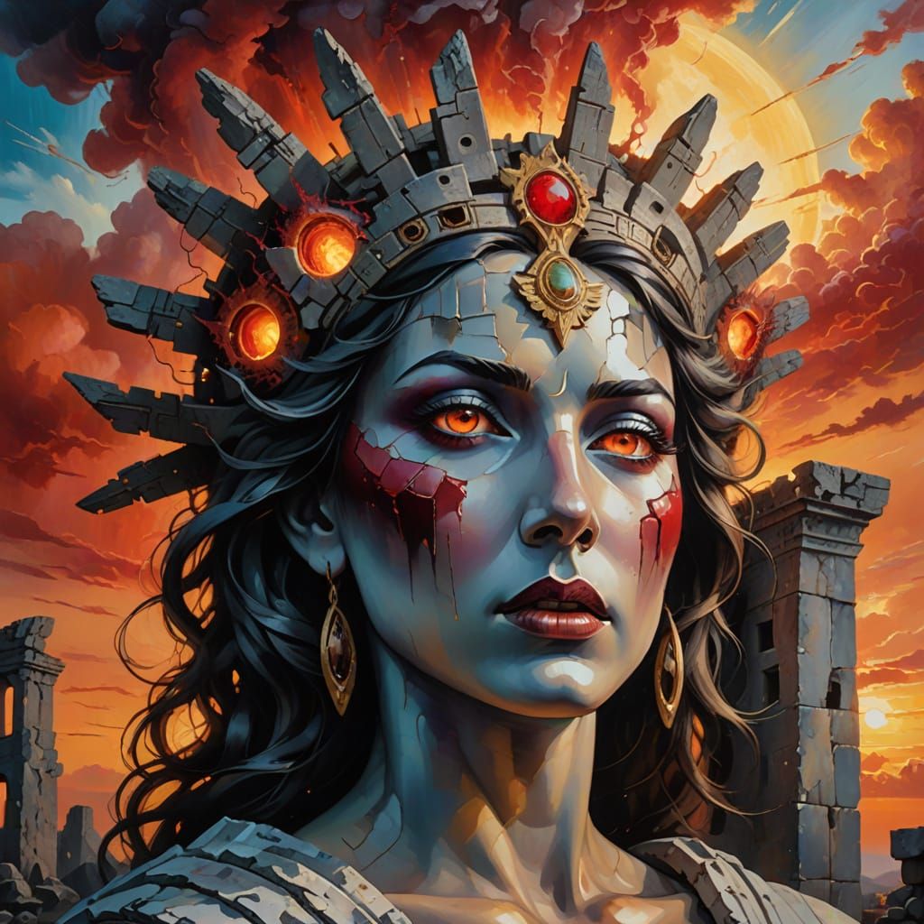 Goddess of Annihilation over Ruins: Surreal Oil Painting